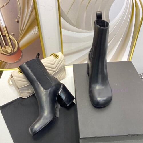 Black leather block heels ankle boots chunky high heel boot for Women luxury designers Shoes ladies Rounded toes Footwear