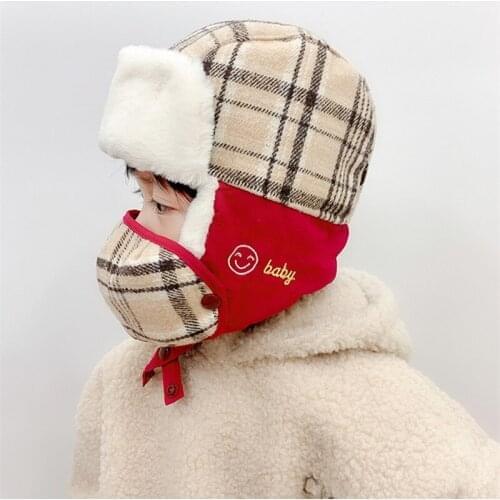 Toddler Kids Winter Bomber Hats Children Plaid Russian Earflap Trapper Hat Baby Boys Girls Snow Ski Faux Fur Caps with Mask