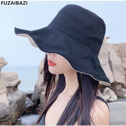 FUZAIBAZI Fashion Double Sided Womens Summer Sun Protection Fishermans Hat Sandy Beach Sunhat Banama Schoolgirl Sombrero