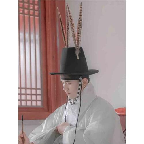 Ancient Hanfu Hat Mens Beaded Feather Hat Flat Top Eaves Hat Chinese Ming Dynasty Hanfu Hat Fishermans Hat Black For Men Women