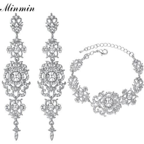 Minmin Luxury Crystal Bridal Jewelry Sets for Women Silver Color Bracelets Earrings Wedding Party Prom Jewelry Sets EH182+SL031