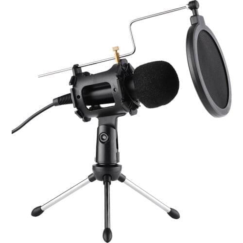 Video Microphone Kit with Mini Microphone Tripod Shock Mount Pop Filter Windshield USB Adapter Cable 3.5mm TRS Plug