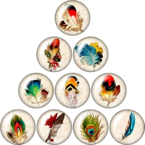 Beauty Feathers yoga patterns 10pcs 12mm/16mm/18mm/25mm Round photo glass cabochon demo flat back Making findings