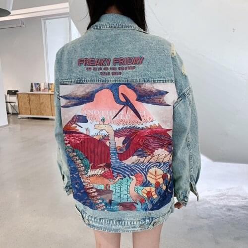 Gypsylady Oversized Embroidered Denim Jacket Cartoon Print Chic Denim Jacket Loose Women Boho Jacket Long Jeans Coat Streetwear
