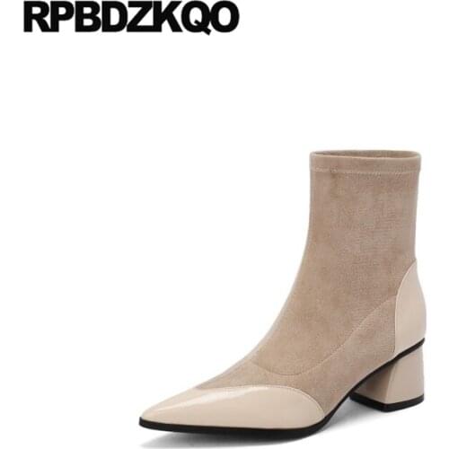 Patchwork Plus Size High Quality Chunky Sock Stretch 9 Fall Pointed Toe Shoes Big Women Ankle Boots Medium Heel Slip On Short