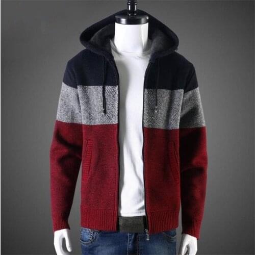 Mens Cardigan Jacket Autumn Winter Fleece Sweater Coat Men Casual Hooded Jacket 2021 Warm Patchwork Jackets Mens Outerwear