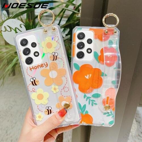 Soft Hand Strap Transparent Flower Cover For Samsung S21 Plus S20 FE A20 A30 A21S A31 A50 A70 A42 A51 A82 A81 A52 A72 A71 Case