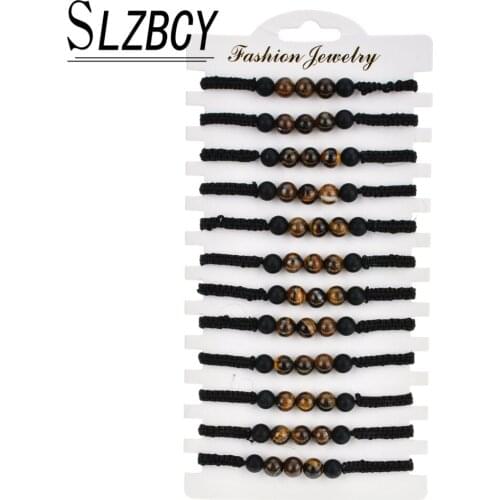 12pcs/lot 8mm Frosted Tiger Eyes Strand Bracelets Set For Women Handmade Black Adjustable Rope Weave Bracelet Boho Jewelry Gifts