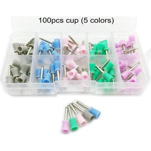 100pcs Dental Polisher Tool Kit Dental Polishing Brush Polisher Prophy Rubber Colorful Cup Buff Nylon Bristles