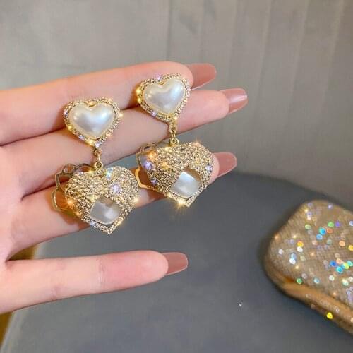 2021 New Fashion Shiny Crystal Temperament Drop Earrings Trend Sweet Fresh Lovely Heart Pearl Elegant Senior Earrings For Women