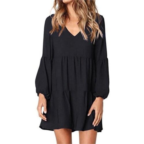 Women V-Neck Dress Lantern Short Sleeve Ruffle Loose Swing Dress Summer Female Casual Straight Dresses Loose Solid Vestidos