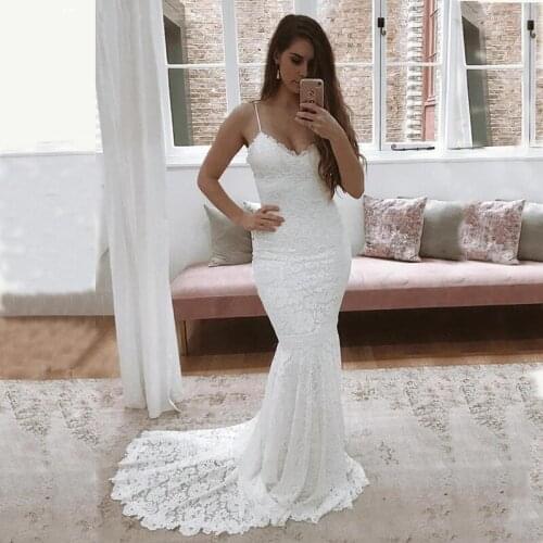 Stunning Boho Mermaid Wedding Dress Sexy Spaghetti Strap Lace Bridal Dresses Sxey Backless Appliques Customize Wedding Gowns