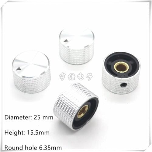 2 Piece 25 × 15.5mm silver aluminum alloy knob potentiometer mechanical panel adjustment knob Diameter of round hole is 6.35mm