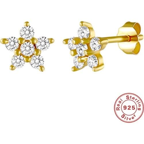 Cute Star White Round Zircon Flower Earrings For Women 925 Sterling Silver Dainty Jewelry Simple Fashion Pentagram Stud Earrings