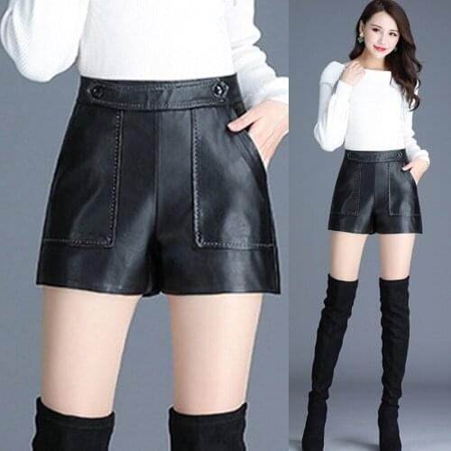 Korea Winter Fall Fashion Woman Lady Wide Leg High Wasit Pockets Black Pu Leather Shorts , Female Womens Casual Slim 4xl Shorts