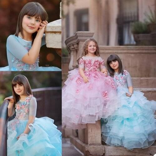 Blue Ruffles 2020 Flower Girl Dresses For Weddings O Neck Long Sleeve 3D Floral Girls Pageant Gowns Kids Birthday Communion Wear
