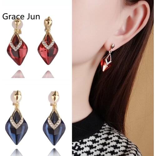 GRACE JUN Fashion Rhinestone Clip on Earrings Without Pierced for Women Girl Party Wedding Elegant Statement Ear Clip New