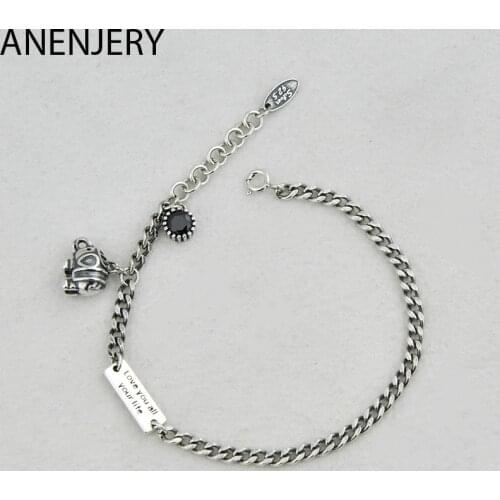 ANENJERY New Style Elephant Letter Square Card Bracelet Bangles For Women Men Couple Bracelet Thai Silver Color Jewelry S-B416