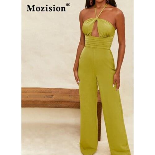 Mozision Green Halter Sleeveless Sexy Jumpsuit Women Summer Hollow Out Backless Wed Leg Playsuit Ladies Party Club Jumpsuits
