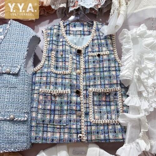 Mixed Colors Plaid Tweed Vest Korean Style Women Casual Sleeveless Jacket New Fashion O Neck Single Breasted Vintage Waistcoat