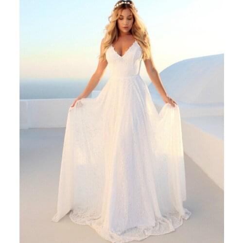 2019 Fashion Women Formal Wedding Bridesmaid Evening Party Ball Prom Gown Long Dresses Sleeveless V Neck Lace Maxi Dress White