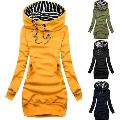 Women Sweatshirt Dress Mid-Length Hooded Long Sleeve Casual Pocket Female 2021 New Slim Autumn Winter Fashion Jacket Clothing