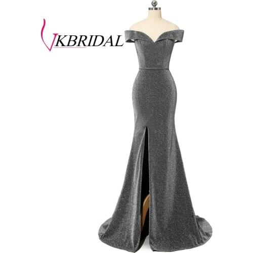 VKBRIDAL Off Shoulder Grey Evening Dresses 2019 Sexy Slit Sparkle Glittery Fabric Formal Prom Gowns vestido longo festa