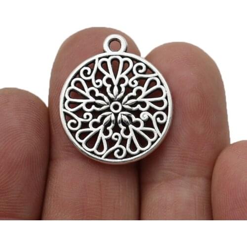 10pcs Antique Silver Plated Flower Charms Pendants for Jewelry Making Necklace DIY Handmade Craft 21mm