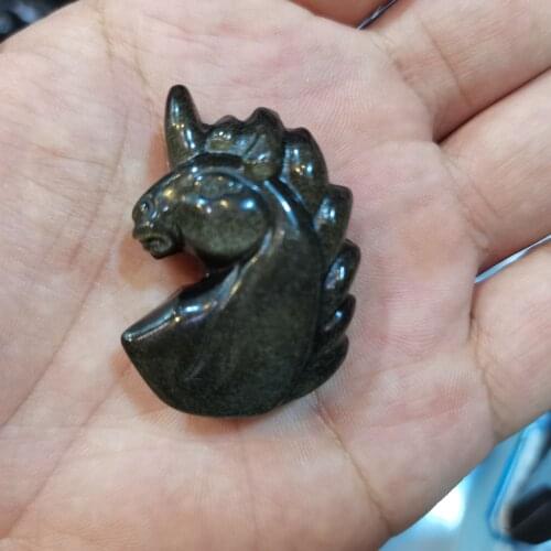 40mm Natural Gold obsidian Crystal Unicorn Silver obsidian Carving Horse head Figurine