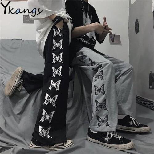 Womens Pants Harajuku Butterfly Print Punk Wide Leg Trouser Gothic Streetwear Straight Jogger Pant Korean Hip Hop Trousers Women