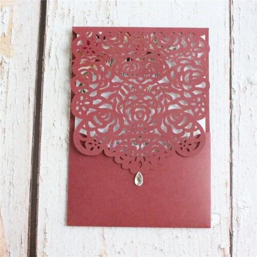 Burgundy wedding card invitation rustic rose bridal invite pocket customized design printing 50pcs