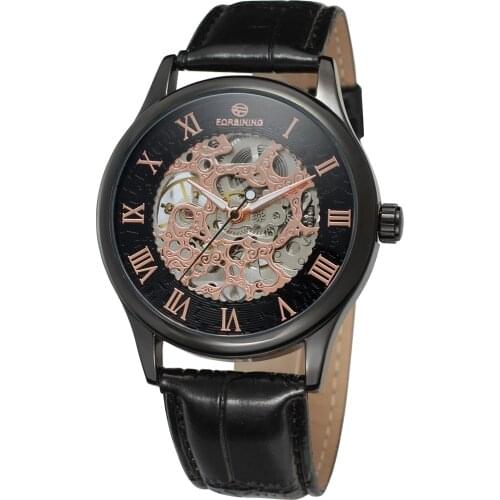 Top Brand Luxury Forsining Roman Black Gold Design Men Skeleton Watch Mechanical Wristwatch Male Gift Clock Relogio Montre Homme