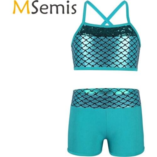 Kids Girls Gymnastics Tankini Swimsuit for Dancing Two Pieces Mermaid Tank Top with Shorts Gymnastics Ballet Leotard Costume