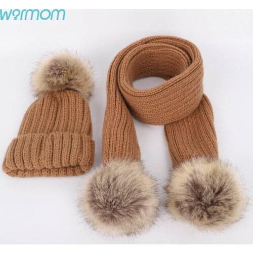 Warmom New Baby Hat Scarf Suit Childrens Hair Ball Wool Hat Scarf Set Ear Protection Autumn Winter Knitteed Kids Hat Scarf Set