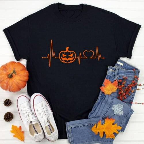 Pumpkin Heartbeat 100% Cotton T-shirt Funny Autumn Halloween Party Tshirt Spooky Women Graphic Holiday Gift Top Tee Shirt