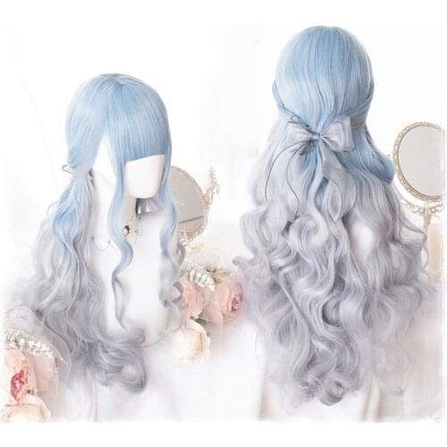 Harajuku Japanese Kawaii Wig Big Wave Blue Gradient Sweet Lolita Wigs Princess Long Party Cosplay Hairpiece Synthetic Hair + Cap