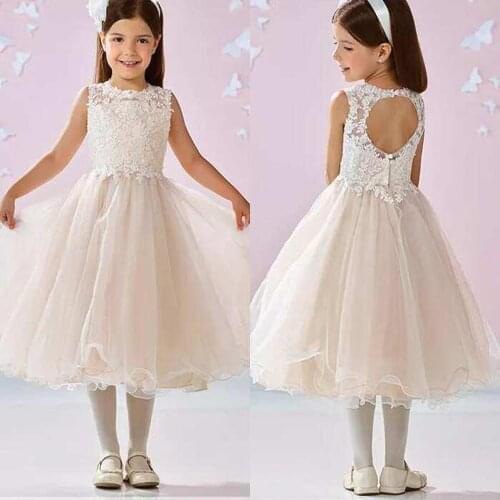 Cute Lovely A Line Jewel Ankle Length Ivory Tulle Flower Girls Dresses For Wedding Appliques Lace Beaded Keyhole Back FirstCommu