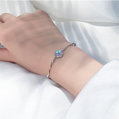 925 Sterling Silver Opal Round Charm Bracelet & Bangles Link Chain Adjustable Size Braclets For Women Jewelry A204