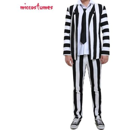 Male Black and White Vertical Stripes Jacket Suit Costume with Tie