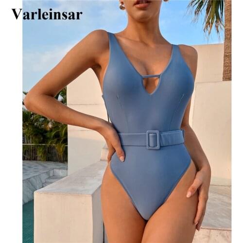 2021 New Sexy Backless Monokini Women Swimwear One Piece Swimsuit Female With Belt High Cut Bather Bathing Suit Swim Lady V2986