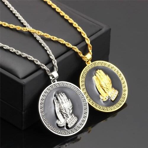 Praying Hands Pendants Necklaces Alloy 24“ Long Chain Round Bible Verse Prayer Coin Medal Necklaces Hip Hop Jewelry for Men Wome
