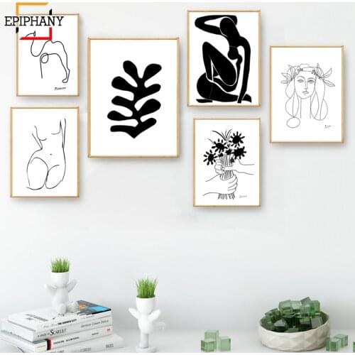 Modern Minimalist Canvas Painting Woman Sketch Flowers Print Black and White Posters and Prints Wall Pictures for Living Room