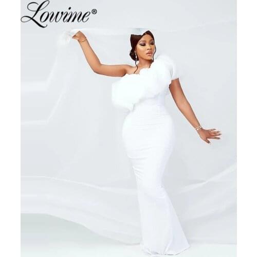 African Slim Mermaid White Evening Dresses 2021 Plus Size Satin Party Gowns Robes Long One Shoulder Prom Dress Vestido De Festa