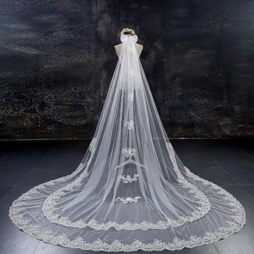 Bridal Veil lace flowers trim luxury veil Wedding Dress Veil