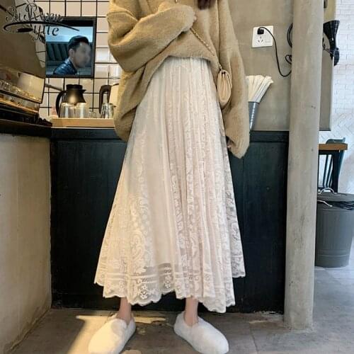 Elastic High Waist Lace Skirts Womens Spring Autumn New Korean Elegant Casual A-line Black Long Skirt Female Jupe Femme 13063