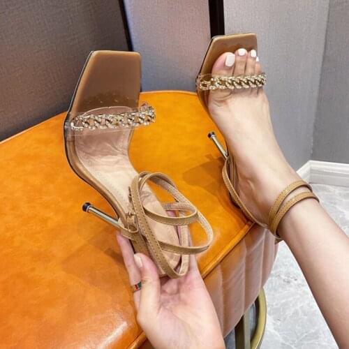 Women Diamonds Chain Clear PVC Upper Sandals Shoes Square Toe Ankle Strap Sexy Shoes