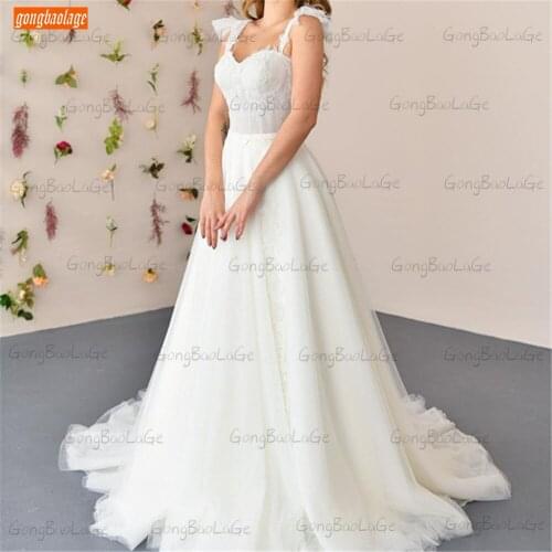 Elegant Ivory Wedding Dresses 2021 Boho vestido de noiva A Line Tulle Sleeveless robe de mariee Lace Up appliques Bridal Gowns