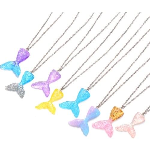 Sparkling Mermaid Fish Tail Pendant Necklace Steel Chain Multicolored Whale Tail Pendant Choker Collar Jewelry Gifts