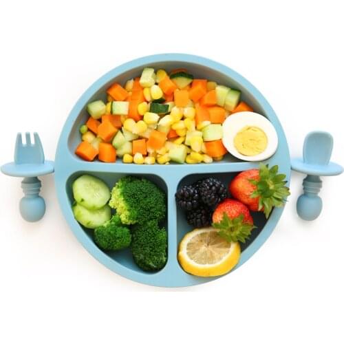 Baby Safe Silicone Plate Solid Cute Dishes Suction Toddle Training Tableware Kids Feeding plates set with Fork Spoon Dropship