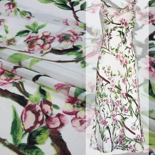 Peach blossom branches silk crepe de chine fabric 140cm wide crepe de chine silk fabric